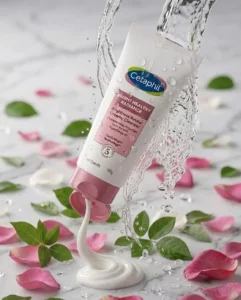 Spec Ad :Cetaphil bright Healthy Radiance Cleanser display with water splash and petals by Best Digital Marketer in Kerala