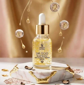 Golden skin serum bottle on a luxury product display, featuring expertise from the best digital marketer in Kerala.