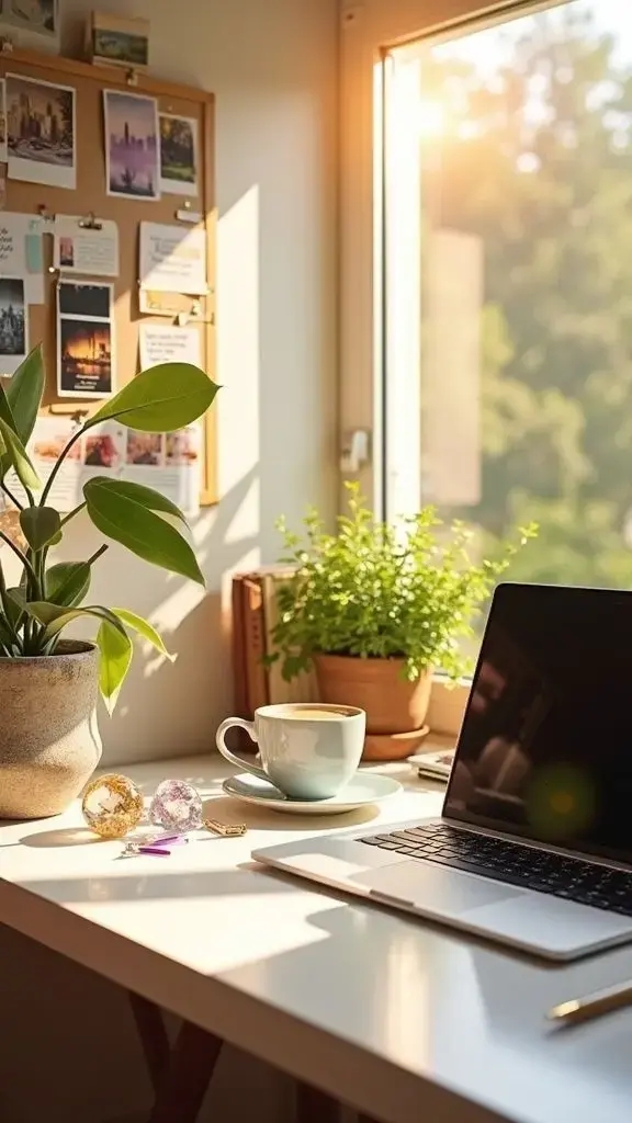 Productive office workspace with a laptop, plant ,and coffee for the best digital marketer in Kerala