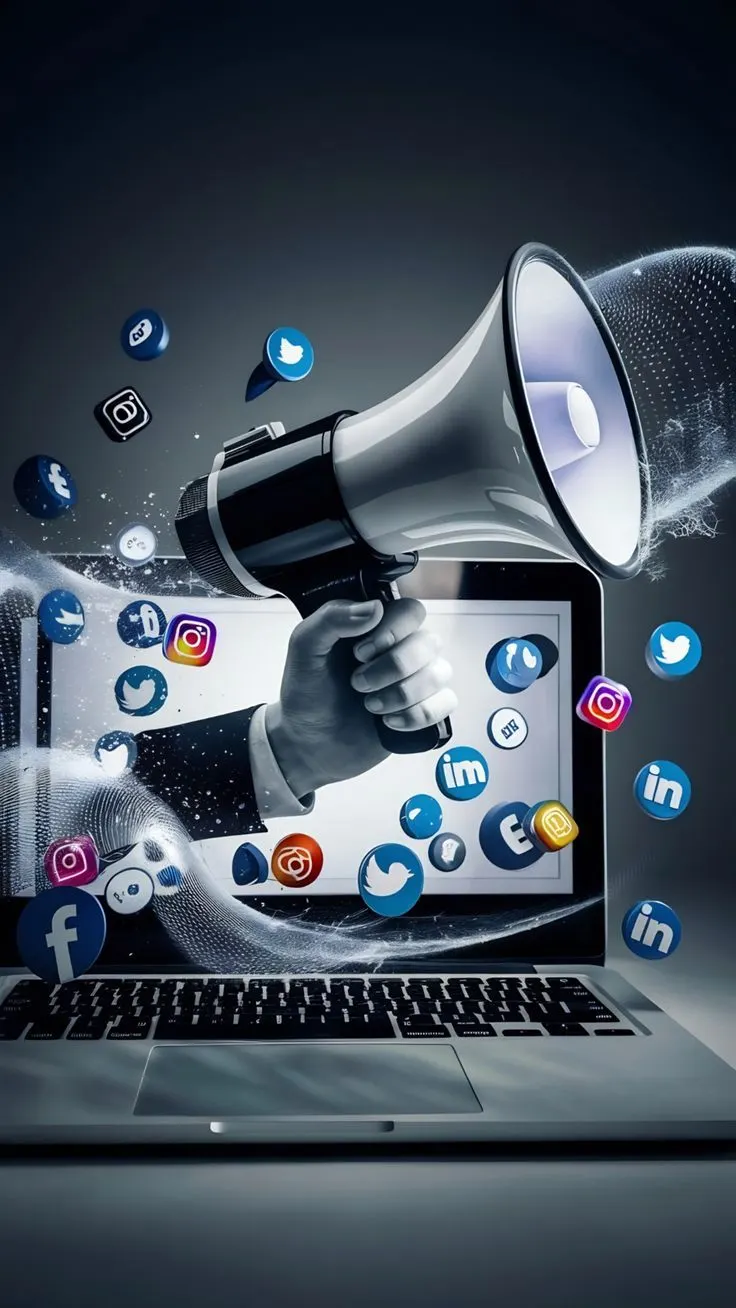 Hand holding megaphone on laptop with social media icons by the Best digital marketer in Kerala
