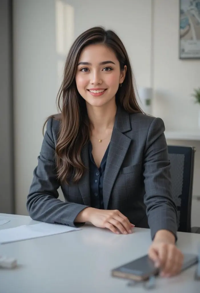 A professional digital strategist sitting at a desk in a modern office