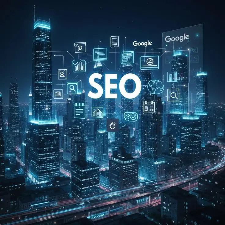 Digital marketing concept with SEO optimization icons over a modern skyline