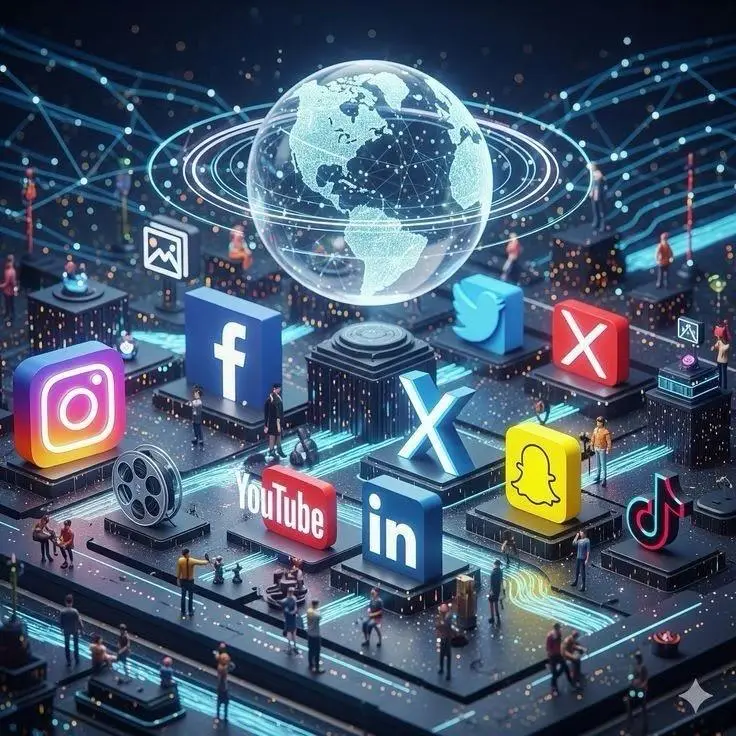 Social media marketing services featuring popular platform icons and digital global network